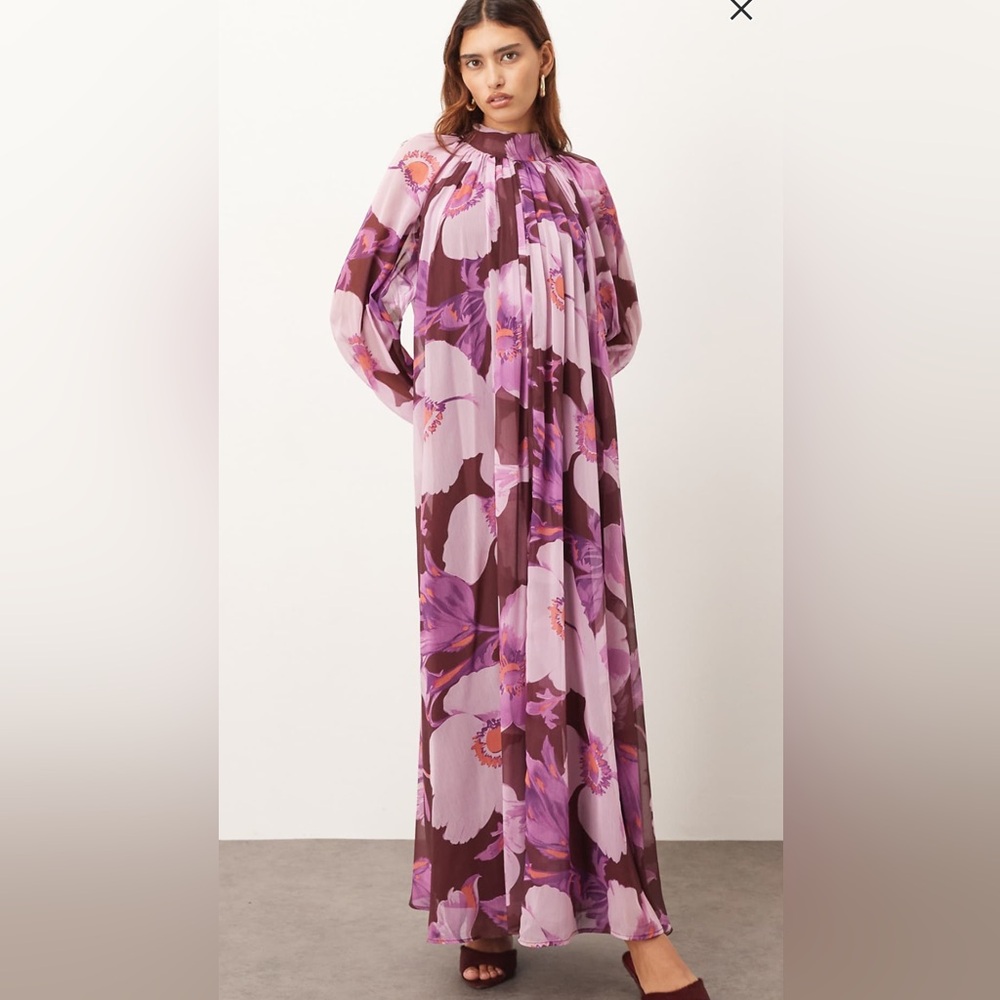 ARRANGE chiffon trapeze maxi dress with balloon sleeves in burgundy floral